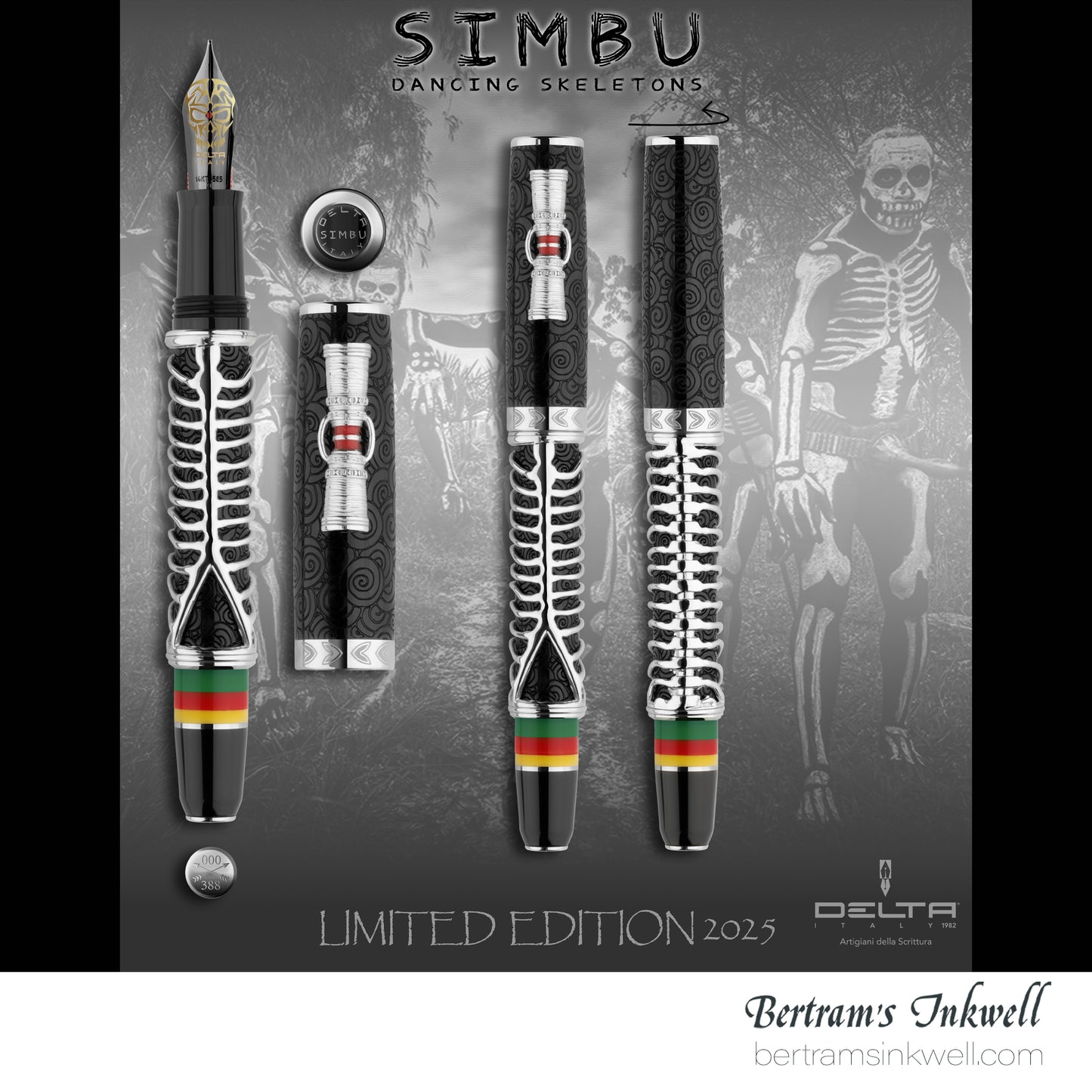Delta Indigenous People Simbu Dancing Skeletons - Black Resin - Sterling Silver Cage (Limited Edition) Fountain Pen