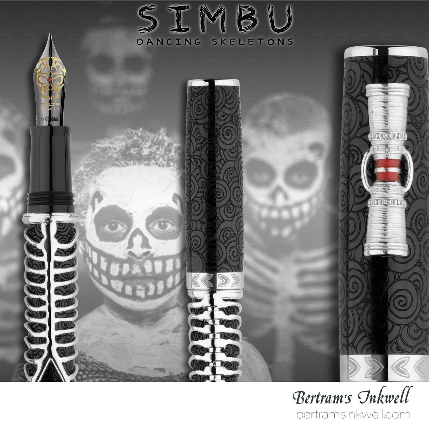 Delta Indigenous People Simbu Dancing Skeletons - Black Resin - Sterling Silver Cage (Limited Edition) Fountain Pen