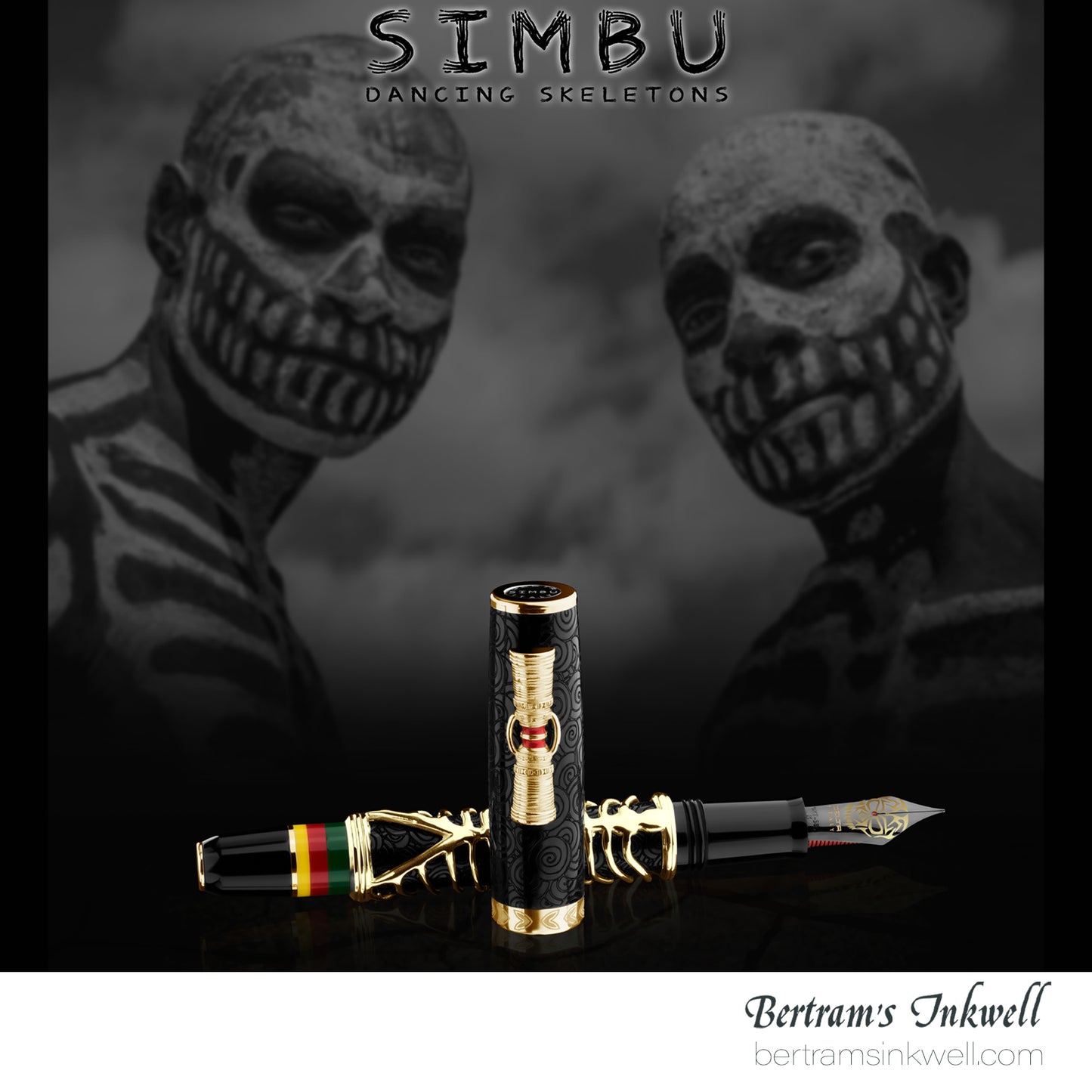 Delta Indigenous People Simbu Dancing Skeletons - Black Resin - Gold-Plated Sterling Silver Cage (Limited Edition) Fountain Pen