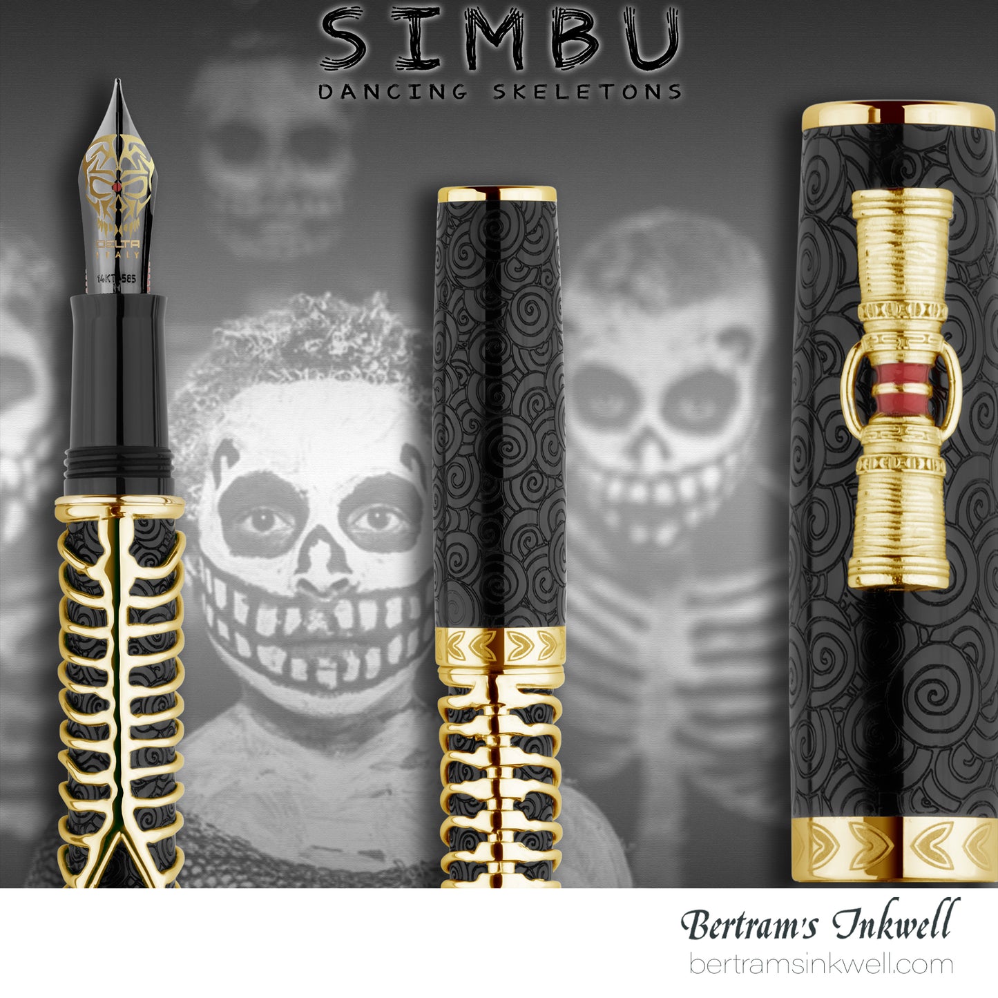 Delta Indigenous People Simbu Dancing Skeletons - Black Resin - Gold-Plated Sterling Silver Cage (Limited Edition) Fountain Pen