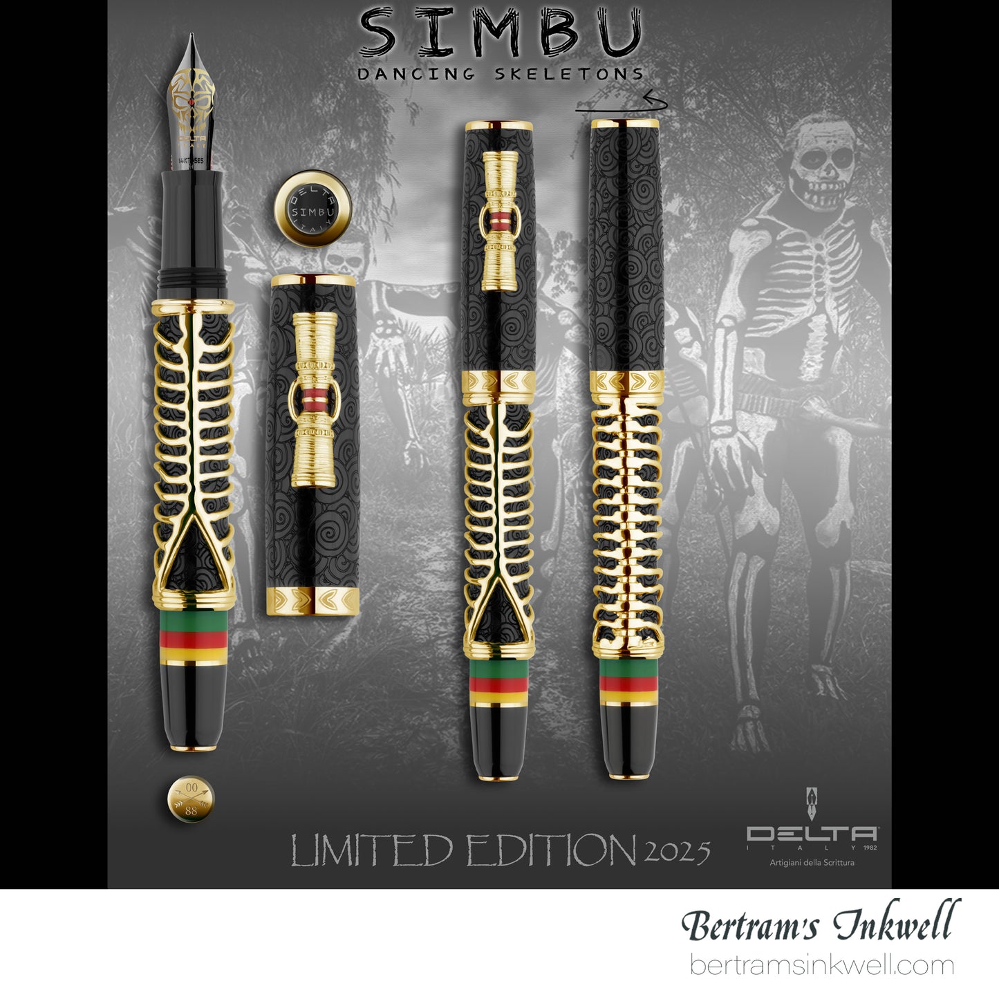 Delta Indigenous People Simbu Dancing Skeletons - Black Resin - Gold-Plated Sterling Silver Cage (Limited Edition) Fountain Pen