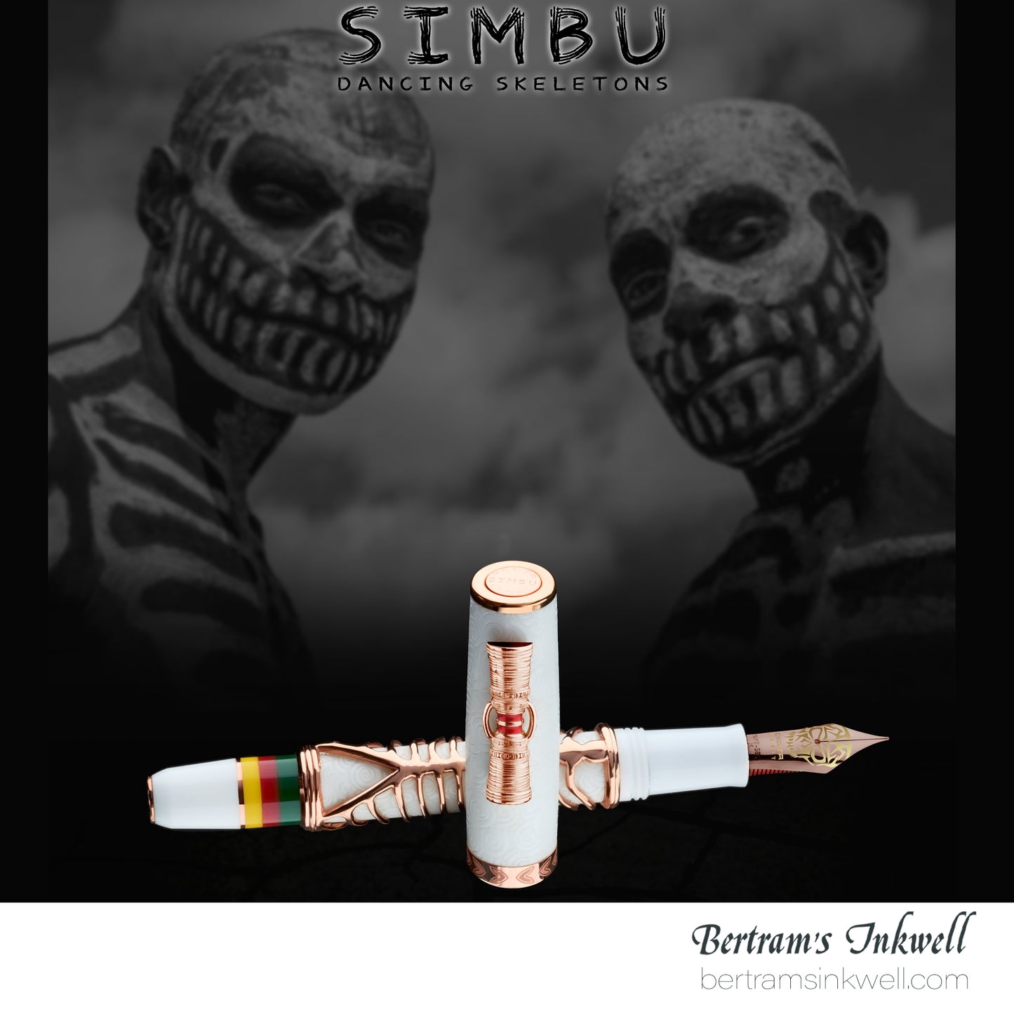 Delta Indigenous People Simbu Dancing Skeletons - White Resin - Rose Gold Cage (Limited Edition) Fountain Pen