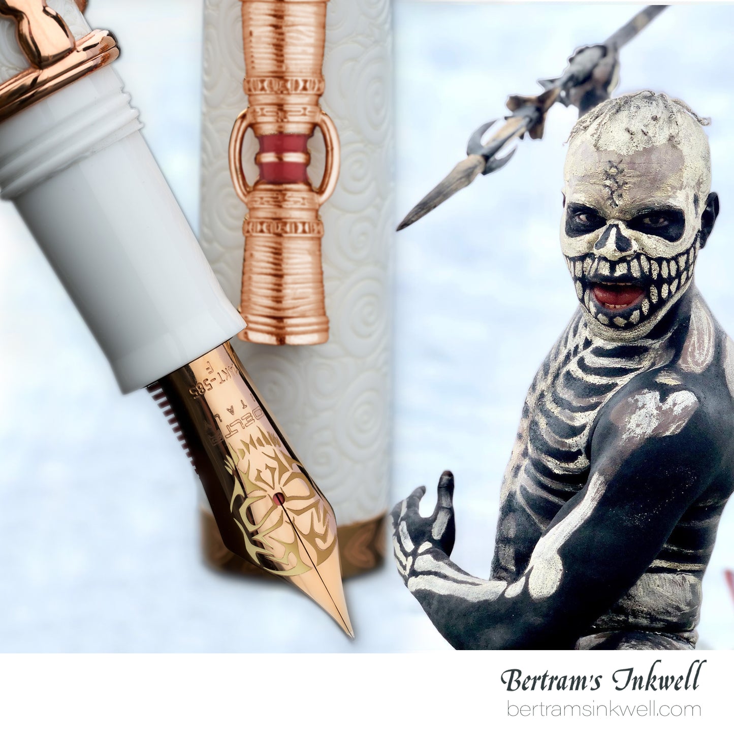 Delta Indigenous People Simbu Dancing Skeletons - White Resin - Rose Gold Cage (Limited Edition) Fountain Pen