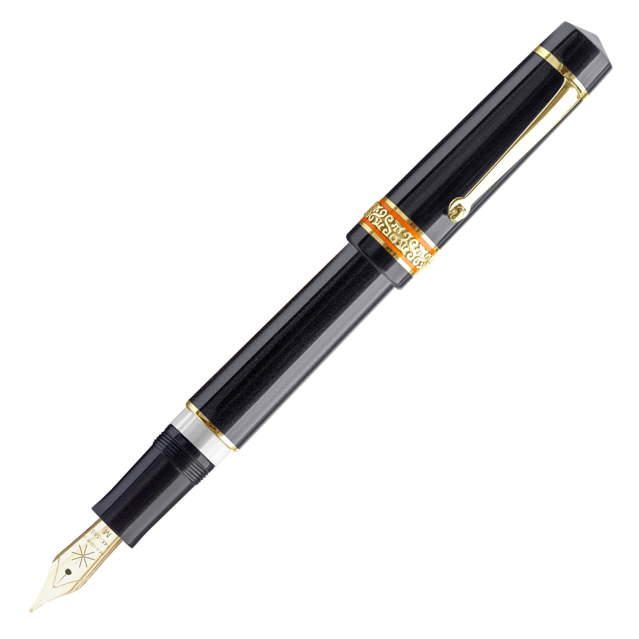 Maiora Mytho OroNero Mirror Black With Orange Rings 14k Gold Nib Fountain Pen