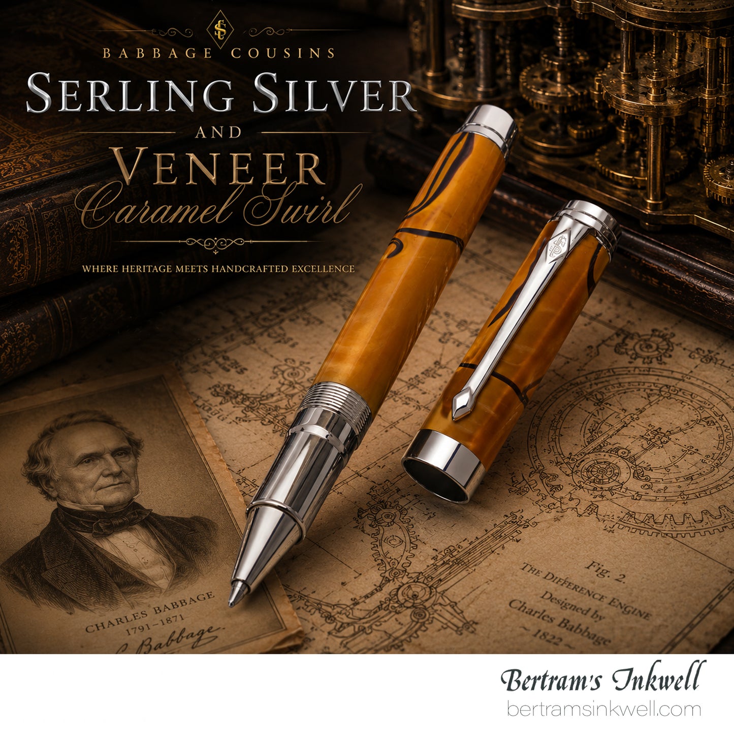 Conway Stewart Babbage Cousins Serling Silver and Veneer Caramel Swirl Limited Edition Rollerball, 2010