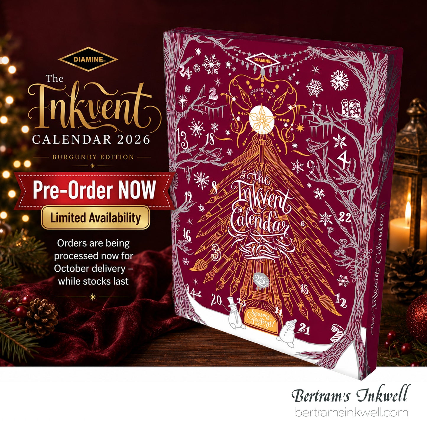 Diamine 2026 InkVent Advent Calendar Burgundy, 25 ink bottles