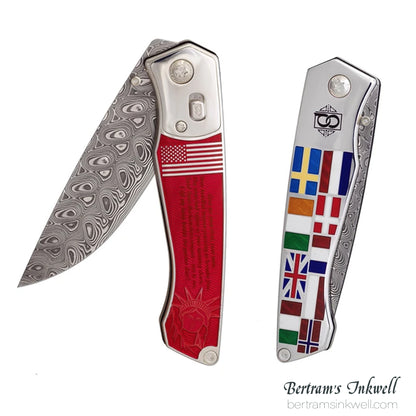 David Oscarson Ellis Island Translucent Ruby Red Hard Enamel Folding Knife