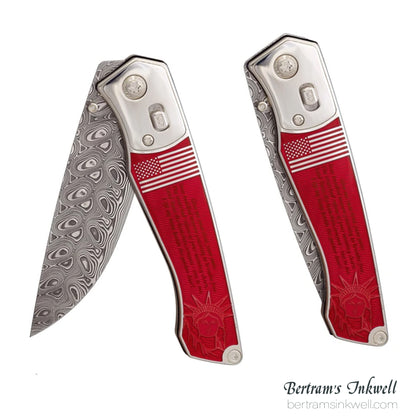 David Oscarson Ellis Island Translucent Ruby Red Hard Enamel Folding Knife