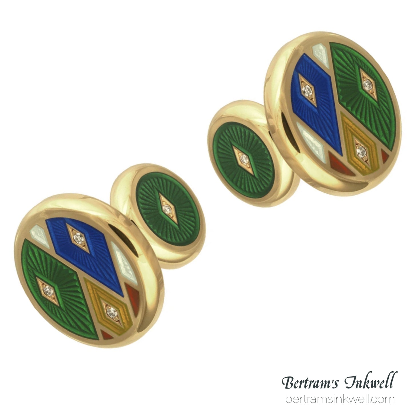 David Oscarson Harlequin Emerald Green with Diamonds and Gold Vermeil Cufflinks