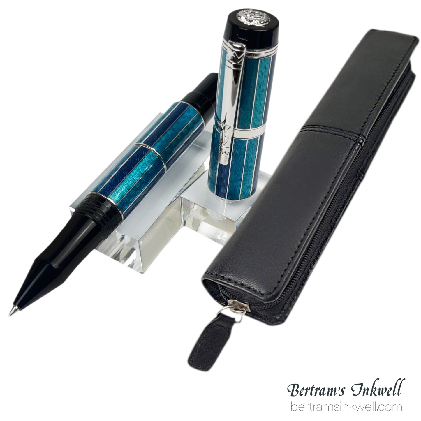 Laban Carnival Sterling Silver and Blue Enamel Rollerball With Leather Pen Case